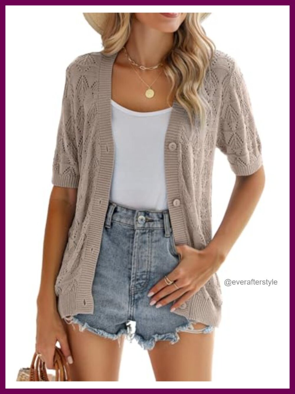Crochet Cropped Cardigan Short Sleeve V-Neck Button Knit Shrug